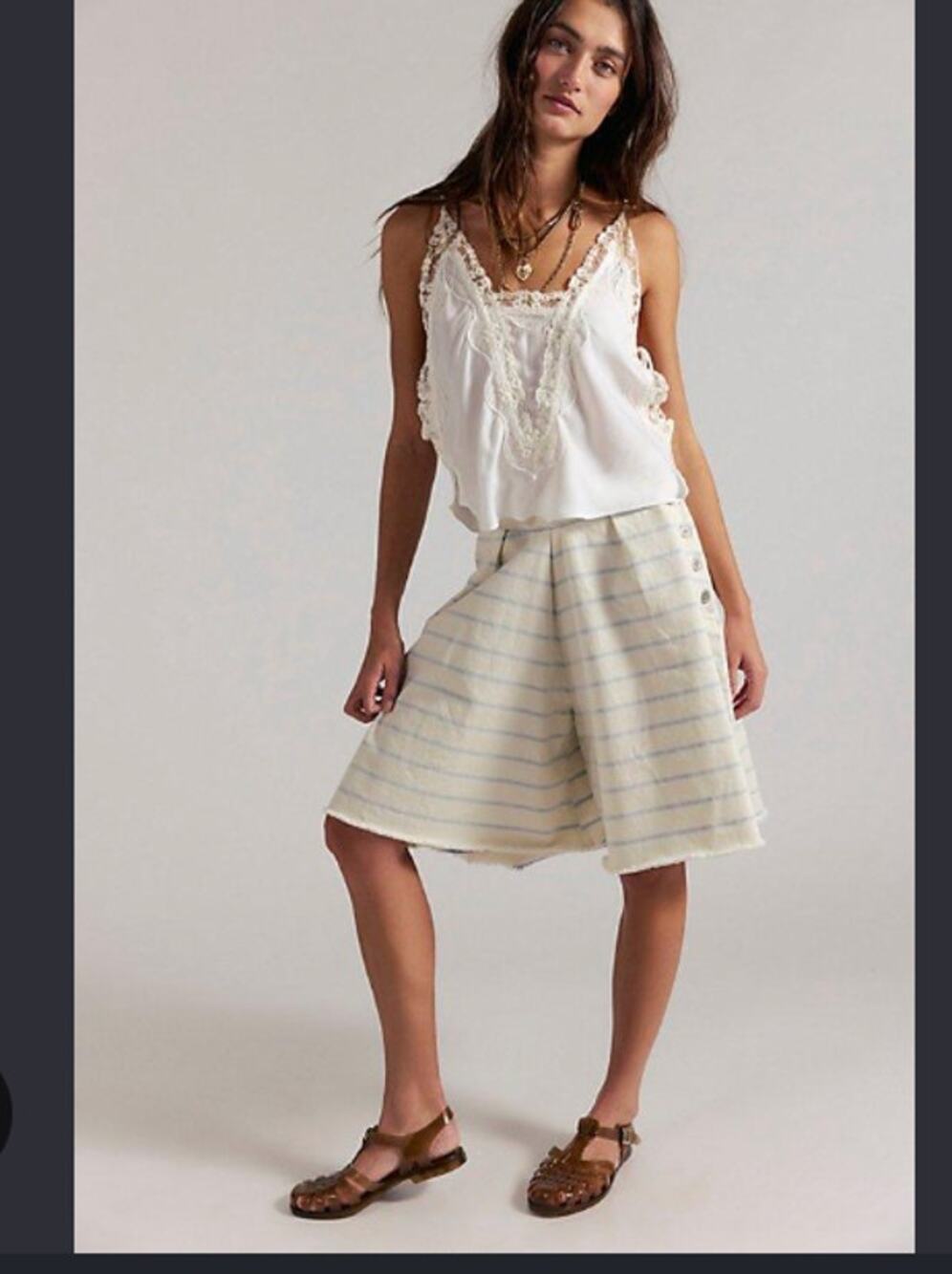 NWT Free People High Tide Stripe Long Shorts Size 10 Cream blue